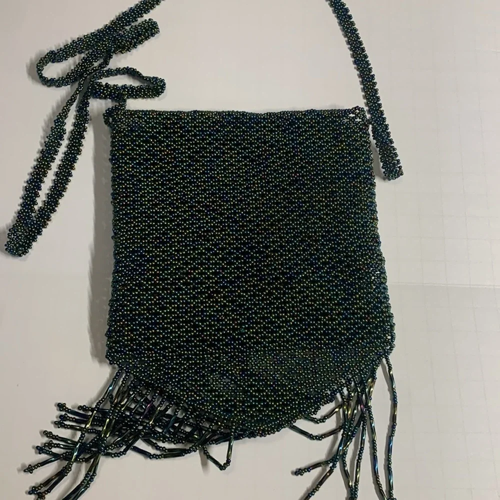crossbody handbag BEADED hand crafted green With blue purple beads 5.5 x 7” NWOT